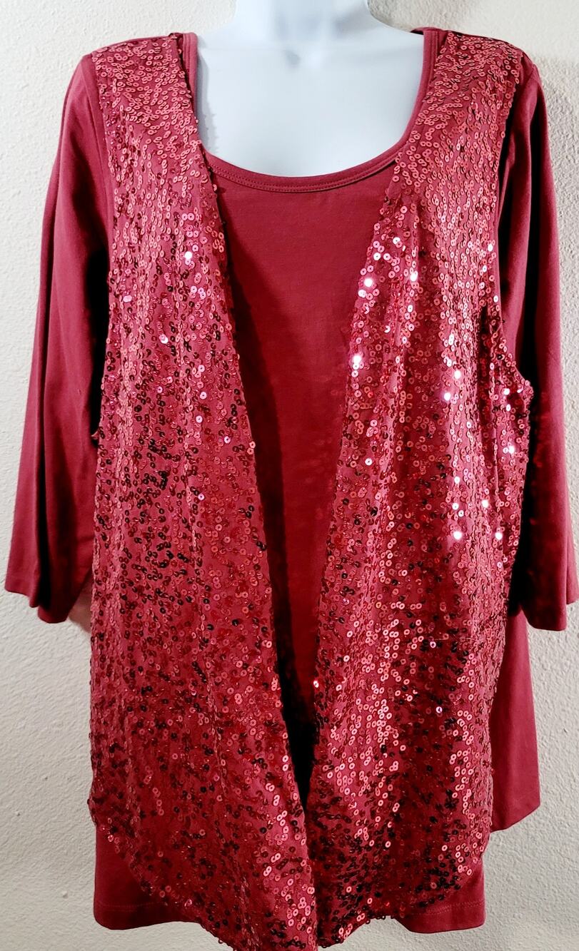 Denim 24/7 Red Brownish 2 In 1 Sequin Round Neck Top 1X Lightweight Stretch Soft